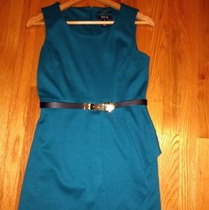 Teal dress with belt and cute fluf on the side.